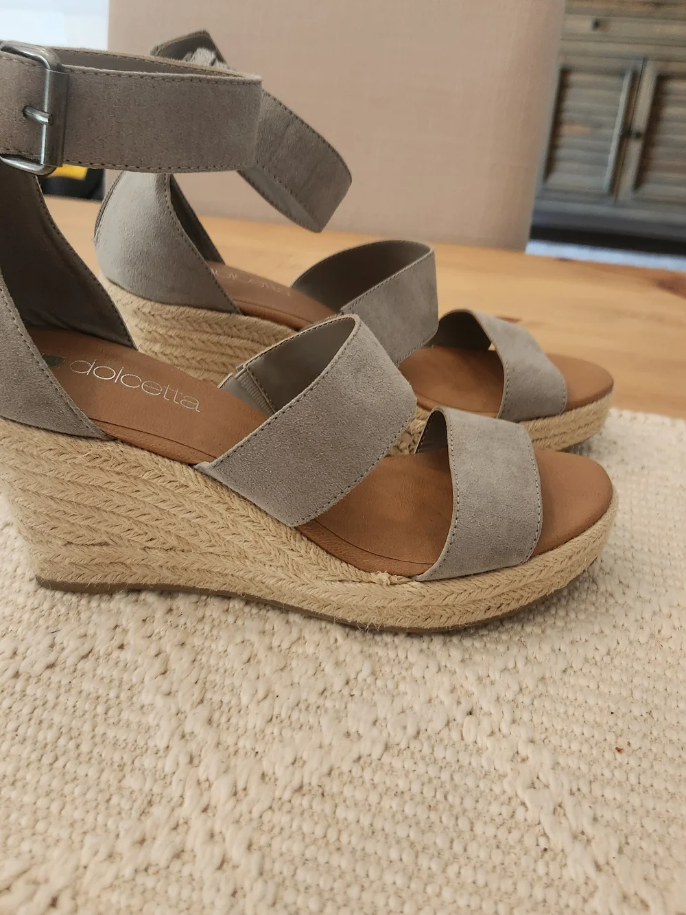 Dolcetta Gray Suede Espadrille Wedge Sandals with Ankle Strap
